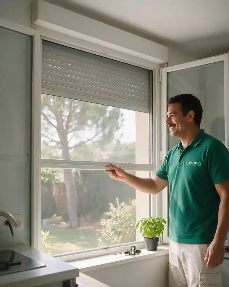 Técnico de CUGATEC probando una mosquitera enrollable en la ventana de una cocina con vistas a pinos en Sant Cugat